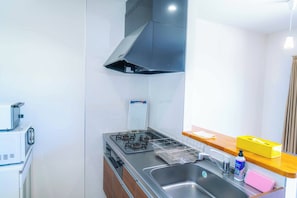 Una cocina compacta con estufa, pileta y electrodomésticos modernos.