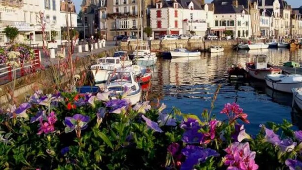 Un port avec des bateaux amarrés, des bâtiments le long de la rive et des fleurs au premier plan.