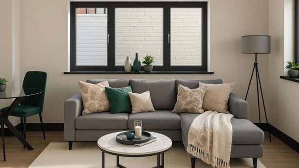 A living room with a grey sofa, a round coffee table, a floor lamp, and a window with white brick walls. - Luxury and Spacious 1BR Flat Sleeps 4 with Private Patio I Excellent Location (London)
