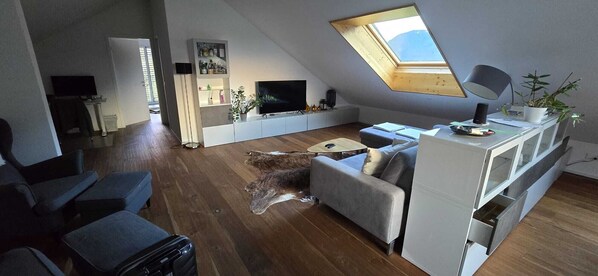 Un salon moderne avec un plafond en pente, une lucarne, un canapé gris, une table basse et un chien allongé sur le sol.