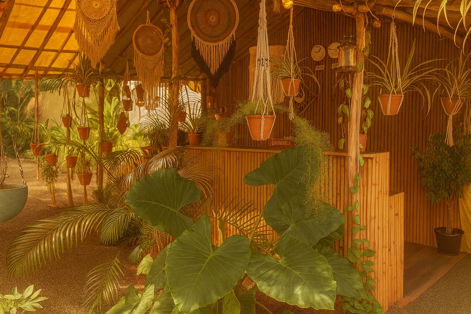 Una estructura de madera con adornos de macramé colgantes, plantas en macetas y un interior rústico.