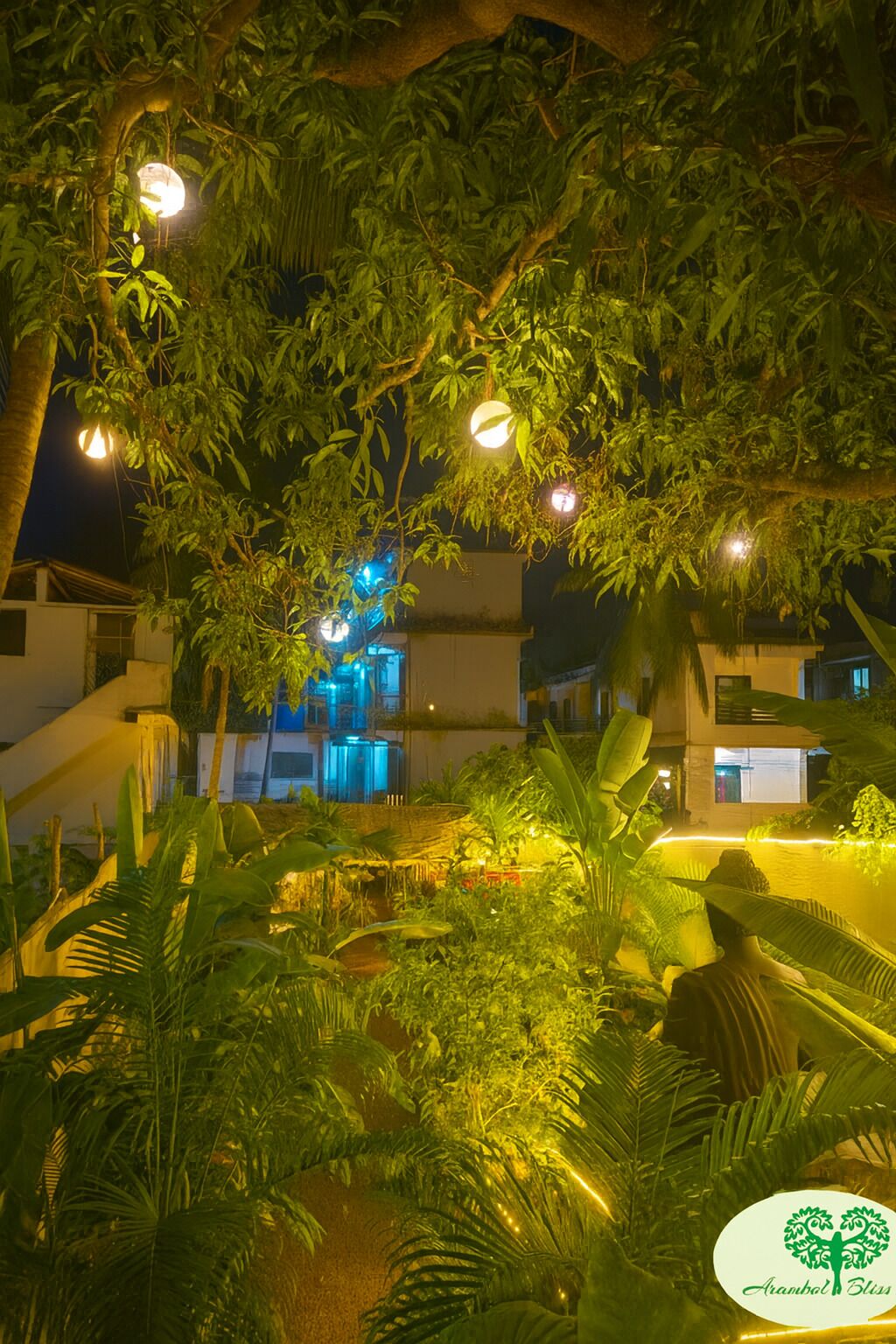 A well-lit outdoor area with trees and a building in the background.