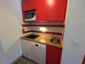 A compact kitchen with a microwave, dishwasher, and sink. - Bright apartment near slopes, pool access, pets allowed (La Plagne 1800)