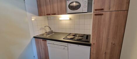 Réfrigérateur, micro-ondes, plaque de cuisson, lave-vaisselle