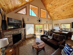 TV, fireplace - Cozy Hollow | Private Pond | Hot Tub | Forest View | Private Fire Pit | 10 Min Drive to Natural Bridge State Park (Rogers)