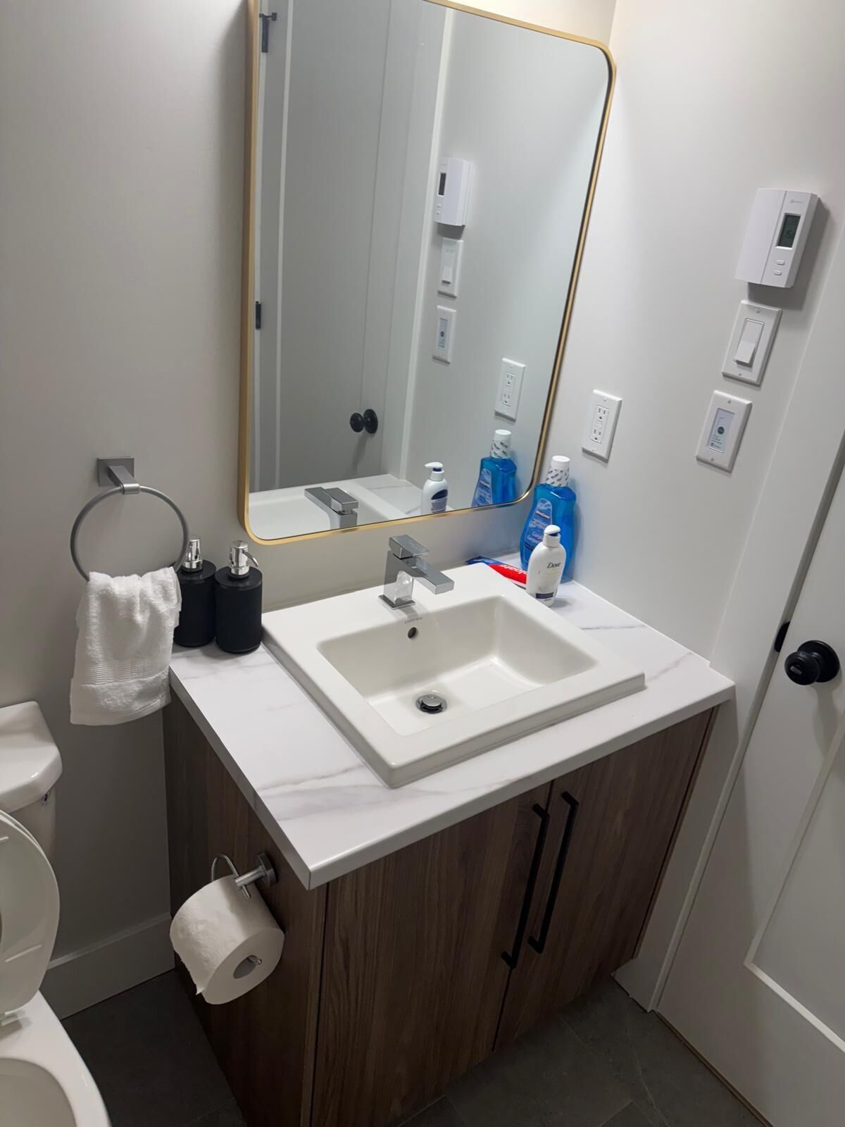 Hair dryer, towels, soap, toilet paper