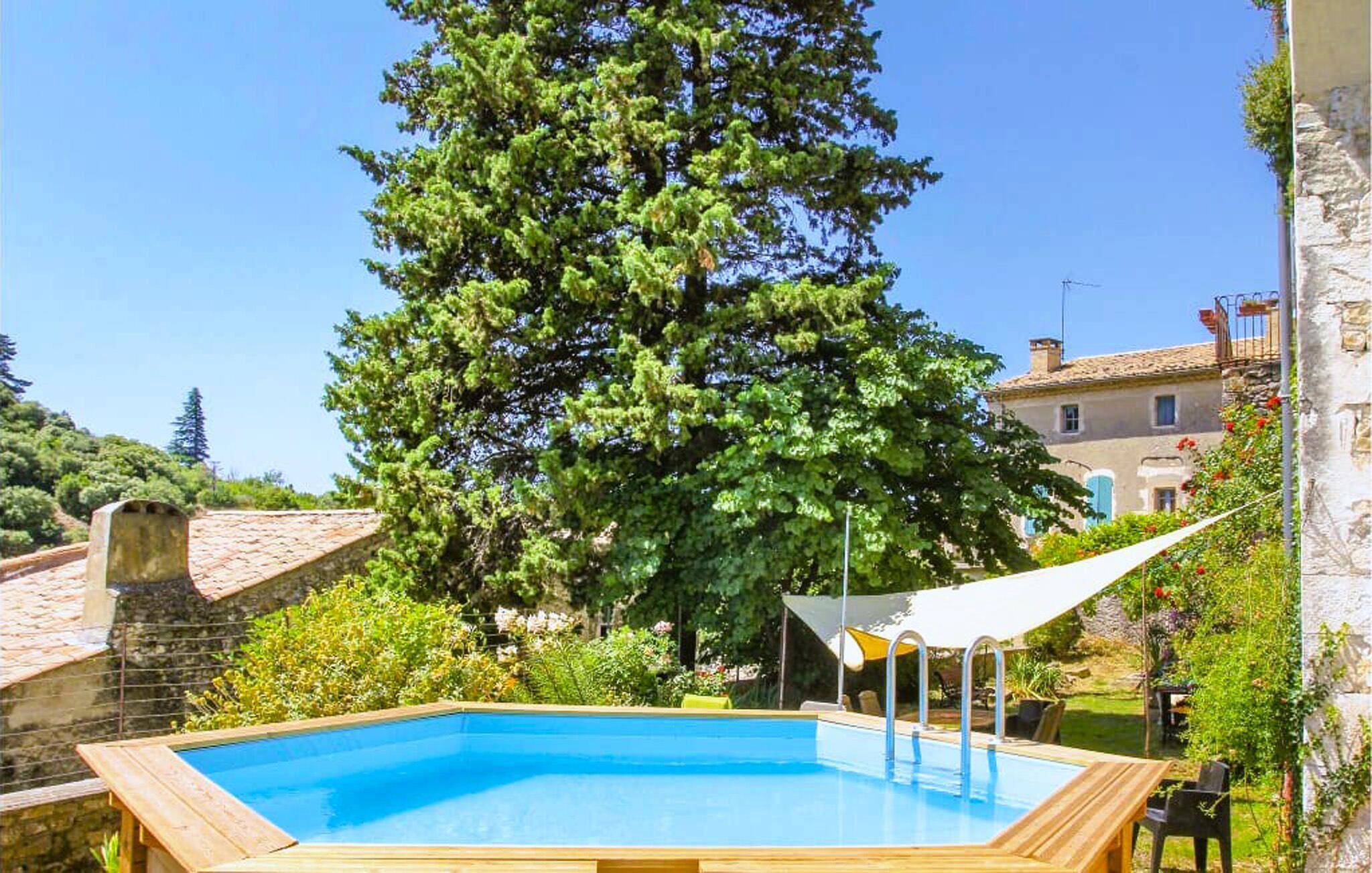 A rectangular pool with a wooden deck, surrounded by lush greenery and a large tree.