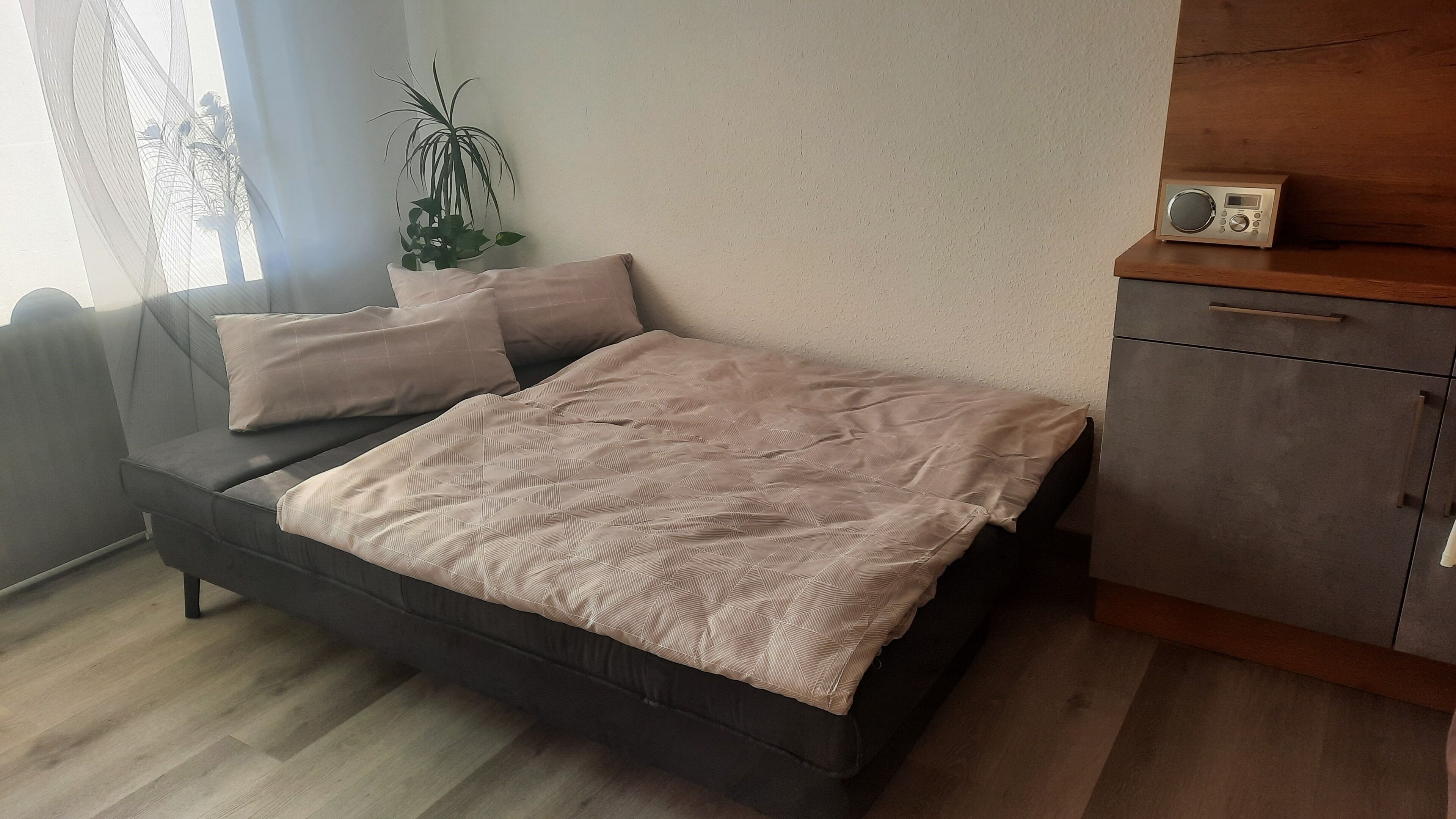 Un lit recouvert d’une couvre-lit à motifs géométriques, un canapé gris, une plante en pot et un meuble en bois abritant une radio.
