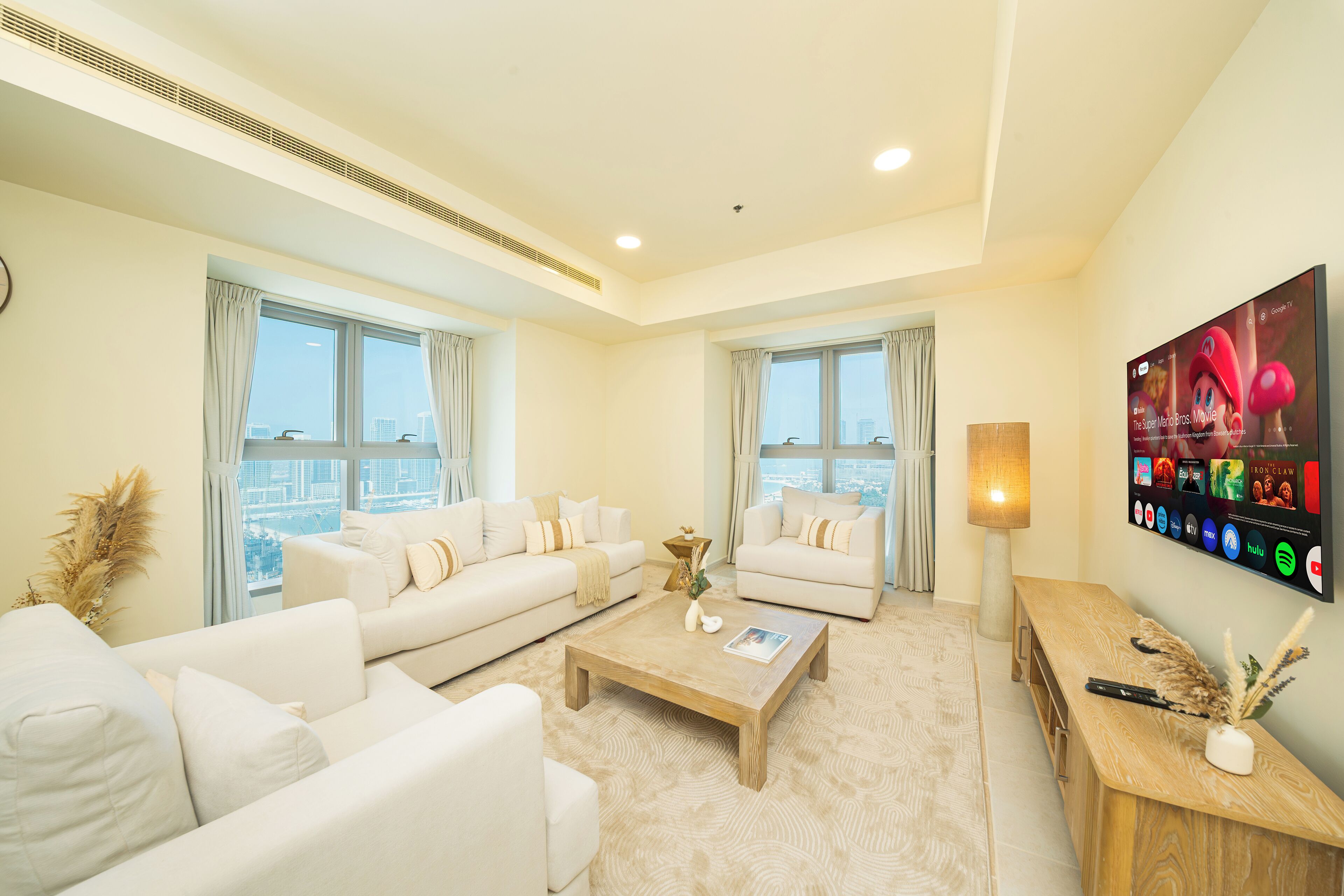 Luxury Apartment, Partial Sea View | Living room | 55-inch Smart TV with digital channels