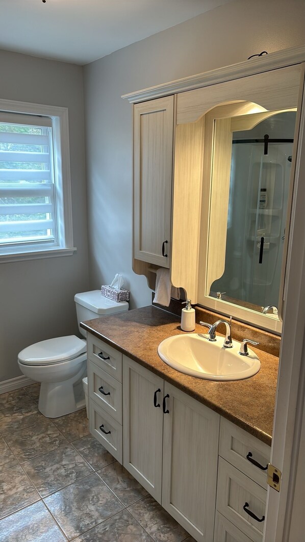 A bathroom with a toilet, sink, vanity with drawers, and a mirror. - Riverfront cottage-style home in the heart of the Acadian Peninsula (Pokemouche)