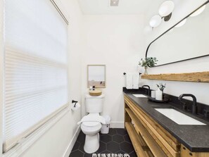 Shower, hair dryer, shampoo