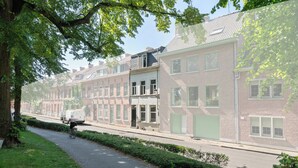 Une rangée de maisons de ville traditionnelles en briques, avec un chemin pavé et de la verdure.