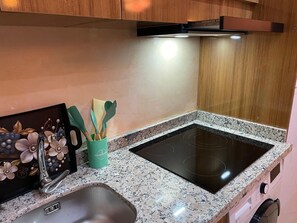 Fridge, microwave, stovetop, electric kettle