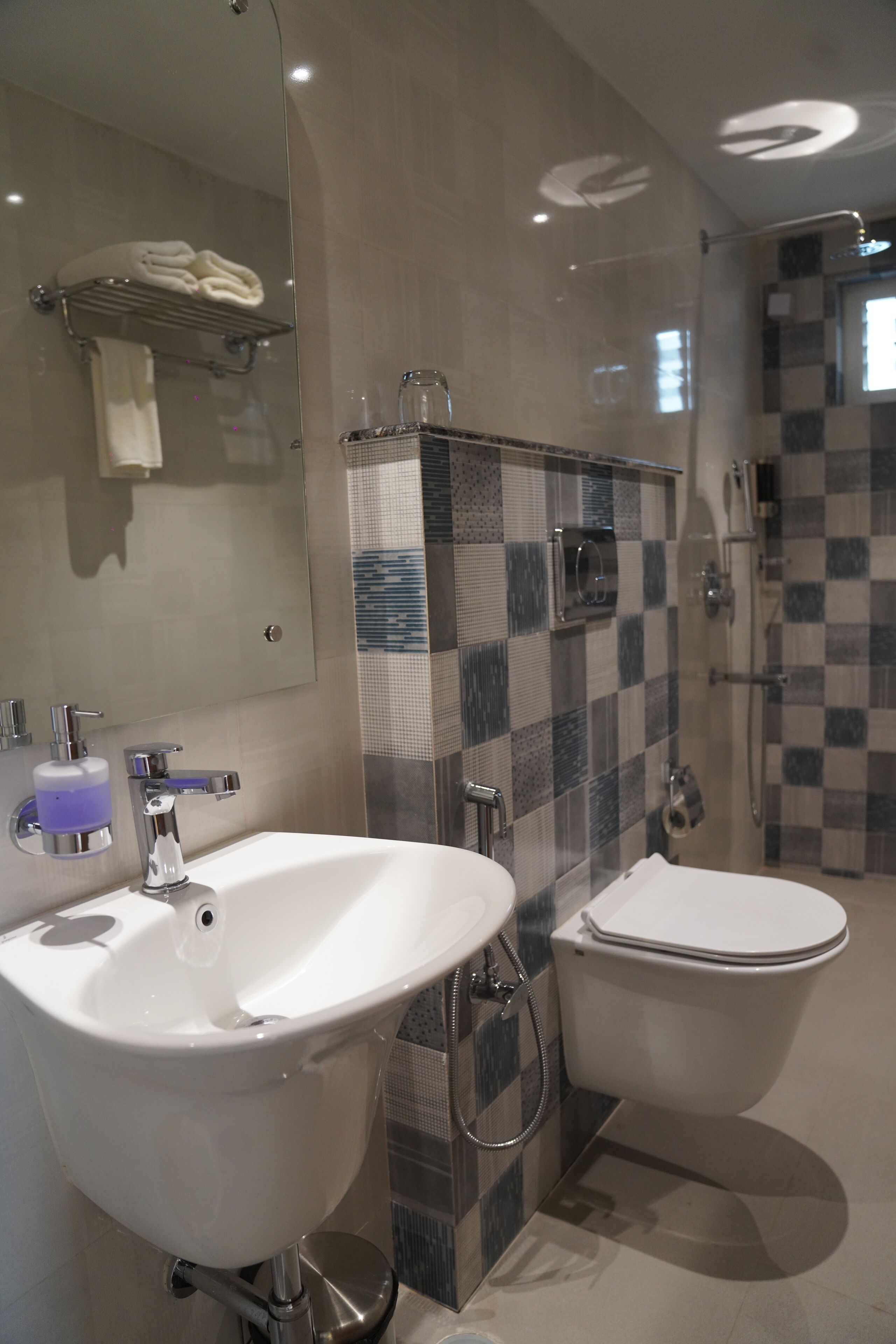 A modern bathroom with a large sink, toilet, and shower area.
