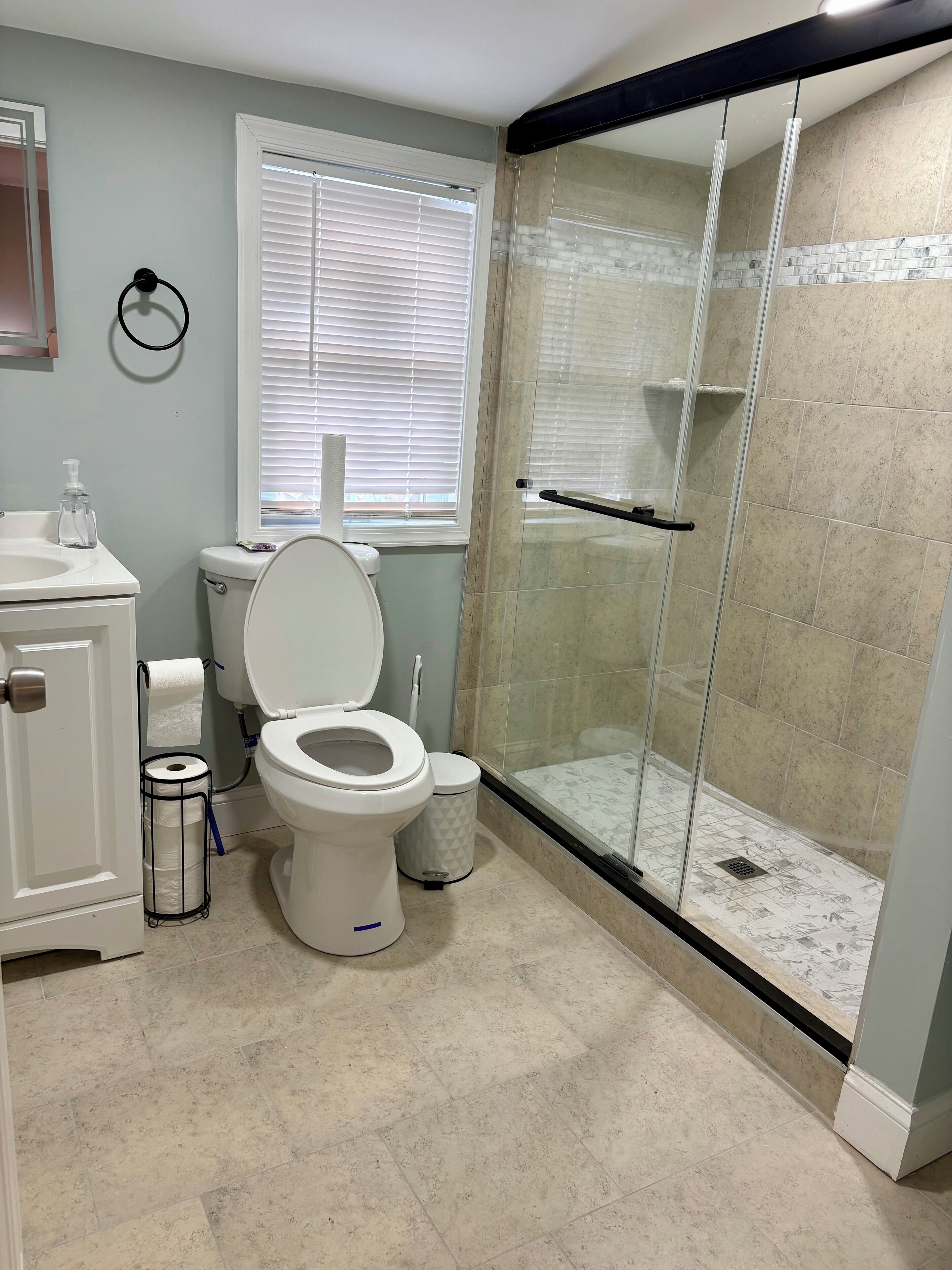A bathroom with a toilet, sink, and shower area.