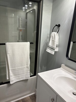 Dusche, Haartrockner, Handtücher, Shampoo