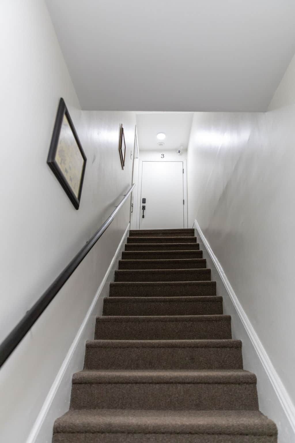 Uma escadaria com degraus carpetados, corrimão e uma porta no topo.