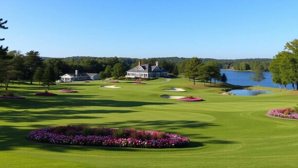 Un campo de golf con un club de campo, un lago y árboles circundantes.