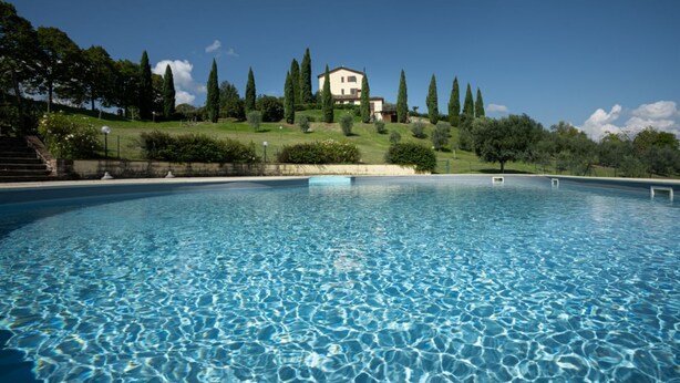 Una piscina con acqua cristallina, circondata da un giardino curato con alberi e arbusti, e una collina con una casa sullo sfondo.