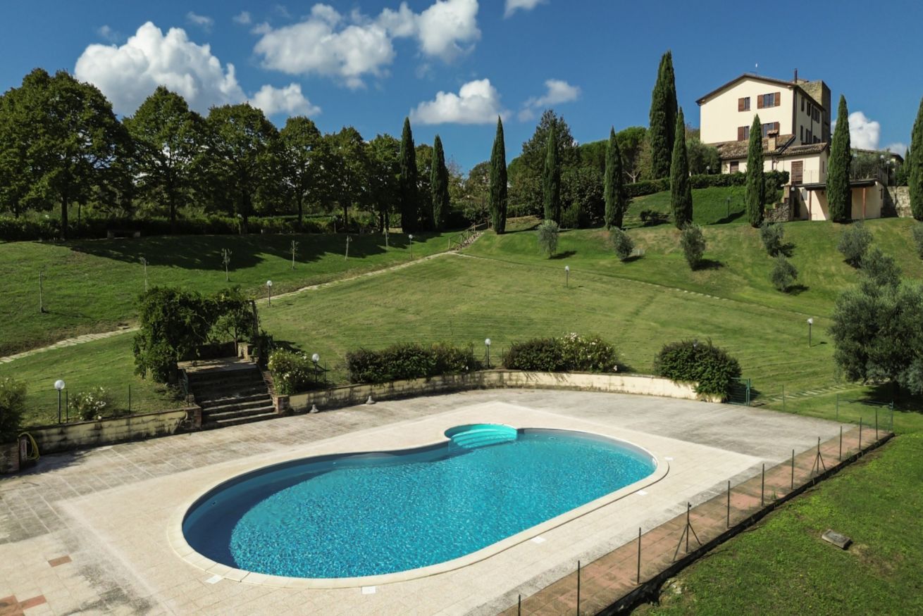 Ein Pool mit gewölbter Kante, umgeben von einer gepflasterten Liegefläche.
