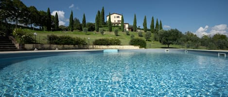 A swimming pool with clear water, surrounded by a landscaped garden with trees and shrubs, and a hill with a house in the background.