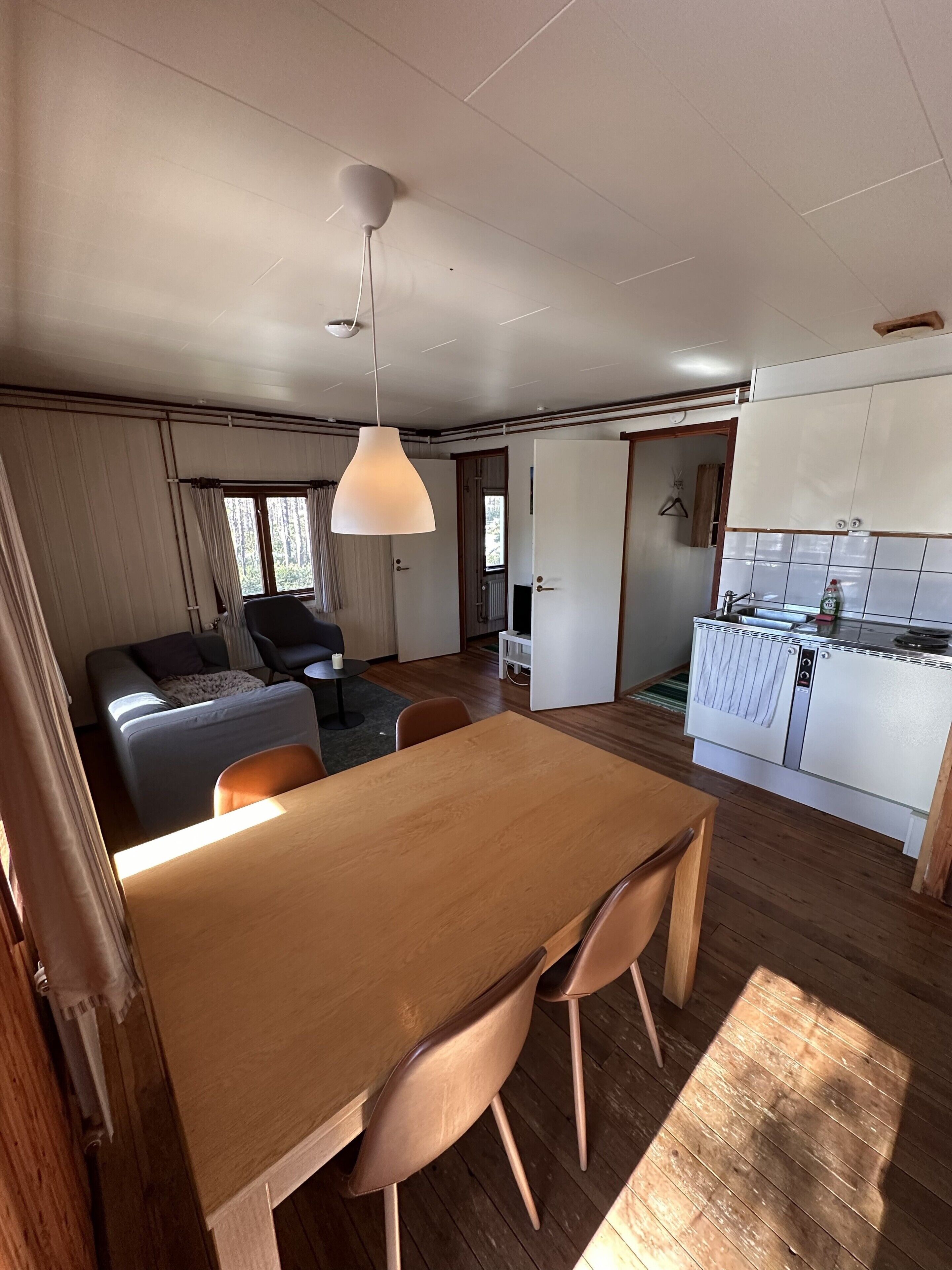A compact living space with a dining area, kitchenette, and a sofa in the living room.