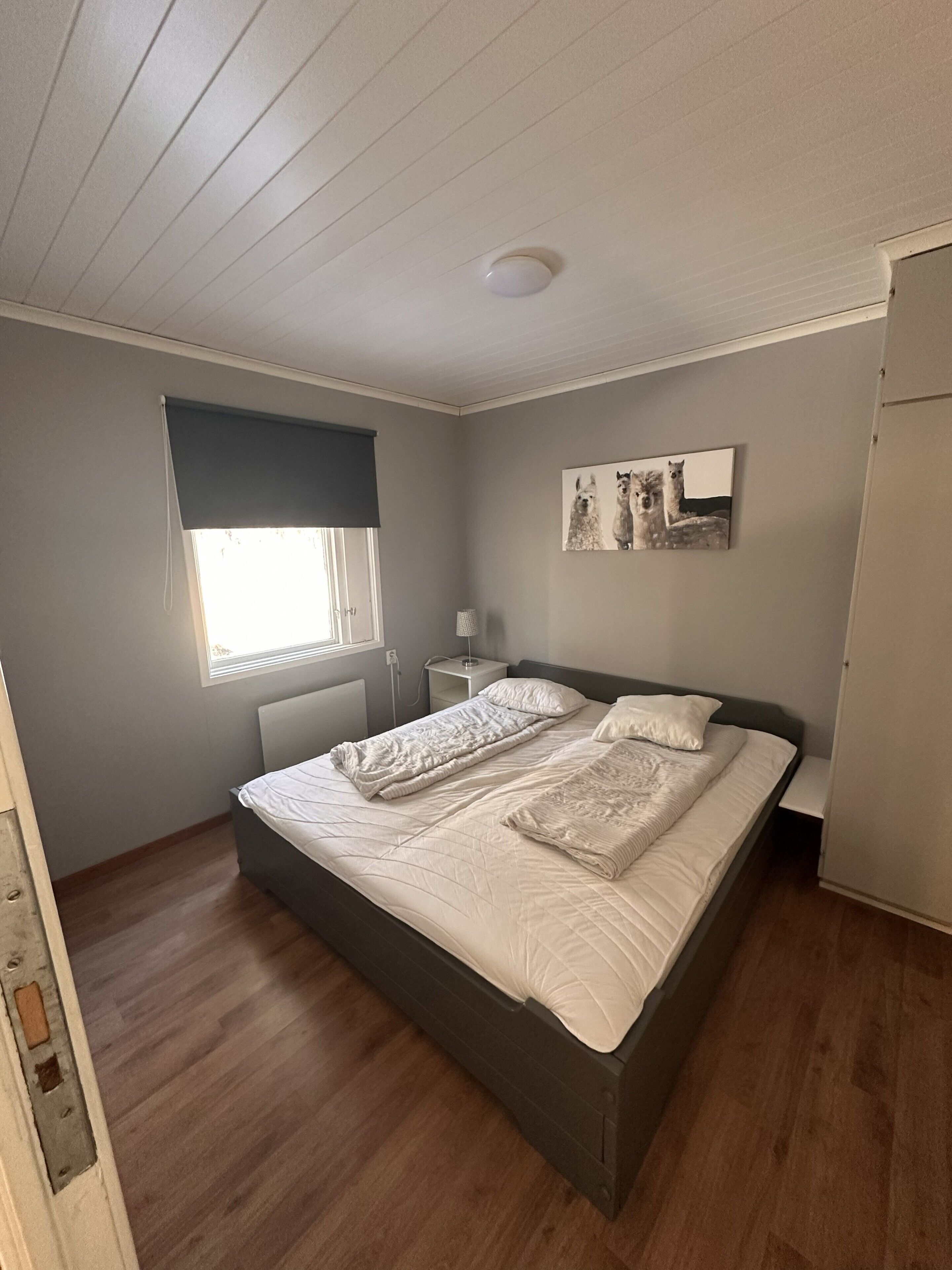 A bedroom with a bed, a nightstand, a lamp, a window with a blind, and a wall-mounted picture.