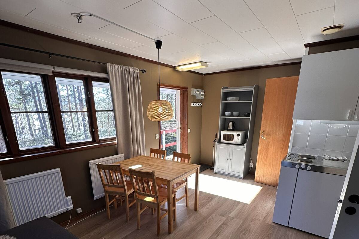 Ein Zimmer mit Esstisch, Stühlen, einer Couch, einer Küchenzeile mit Kühlschrank und Mikrowelle, einem Fenster mit Vorhängen und einem Deckenventilator.