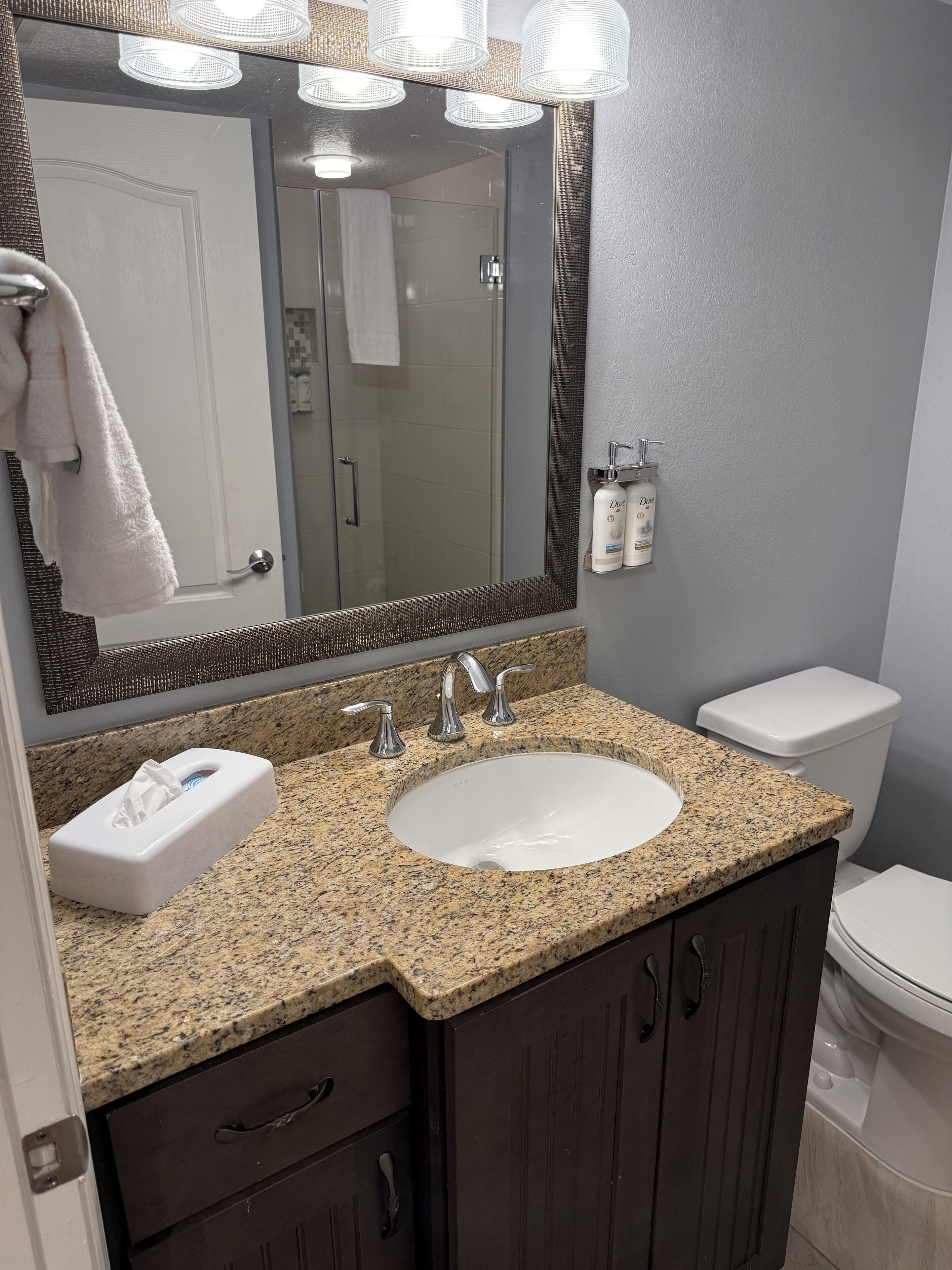 A bathroom with a granite countertop, a white sink, a dark wooden vanity, a large mirror, and a toilet.