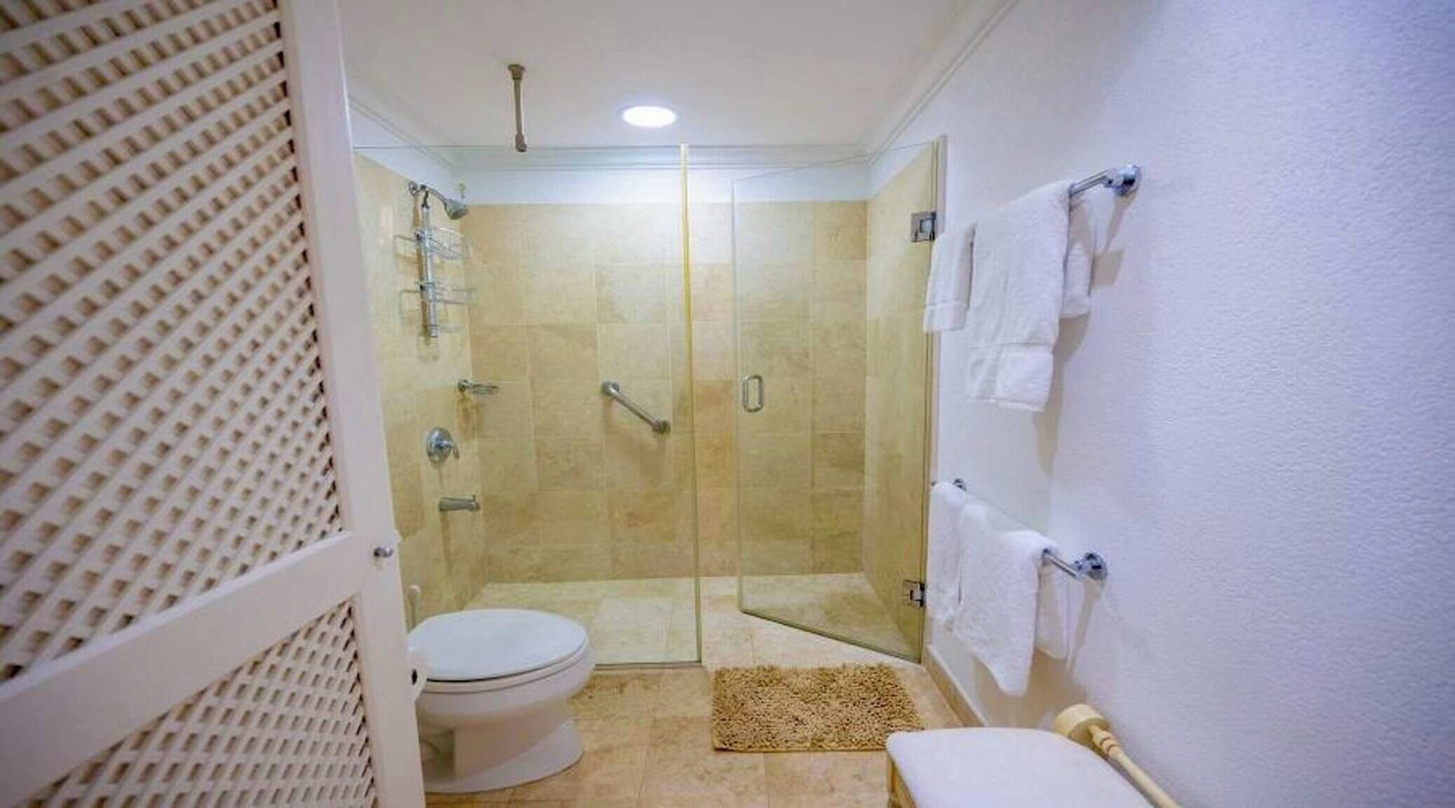 A bathroom with a glass-enclosed shower, a toilet, and a towel rack.