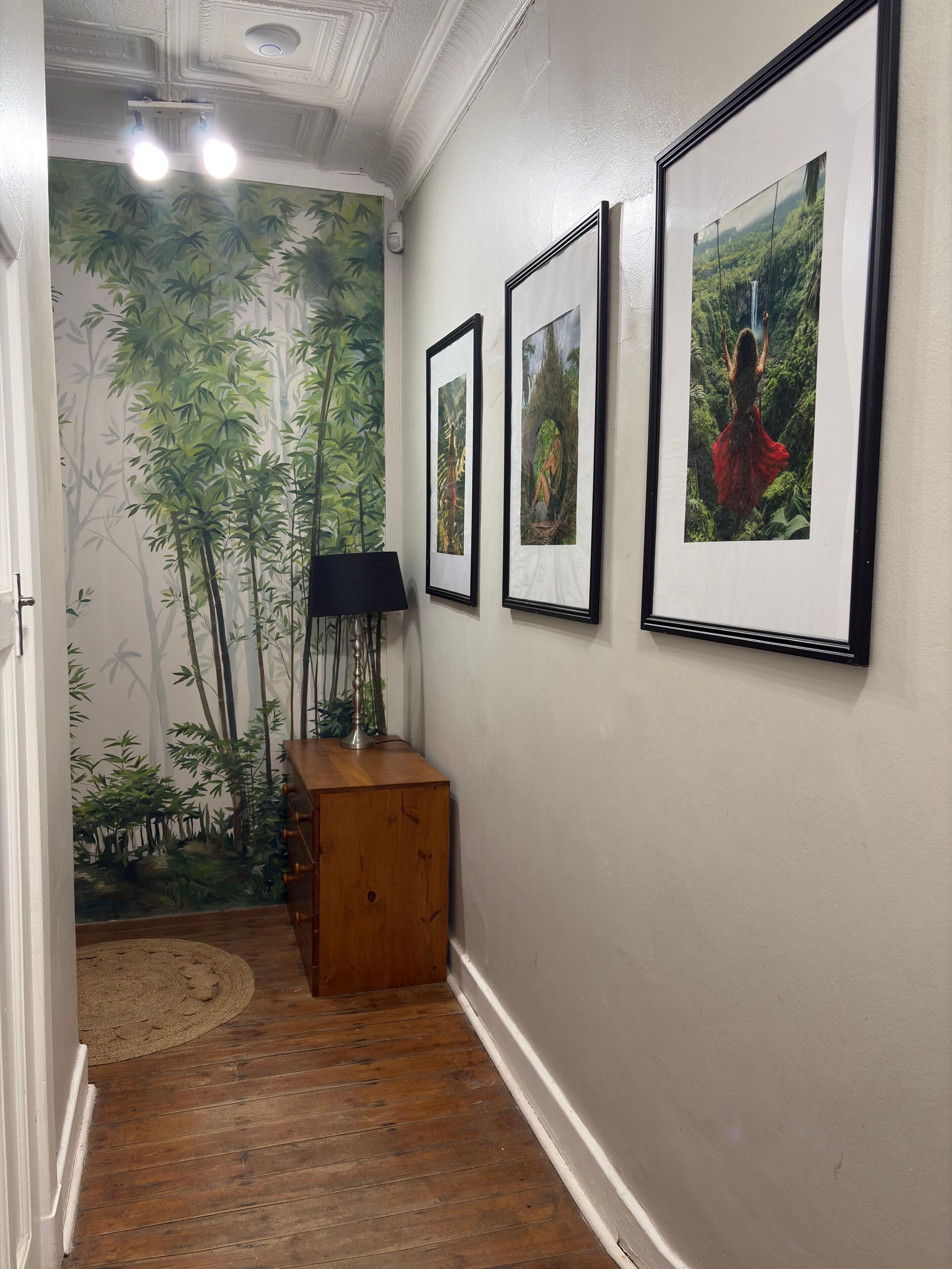 Un couloir avec une armoire en bois, des tableaux encadrés accrochés au mur et une fresque représentant des bambous.