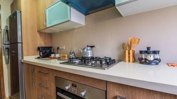 Fridge, oven, stovetop, coffee/tea maker