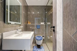 Douche, séchoir à cheveux, serviettes fournies