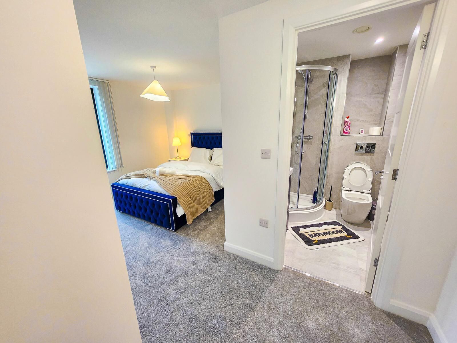 Desk, laptop workspace, blackout drapes, soundproofing