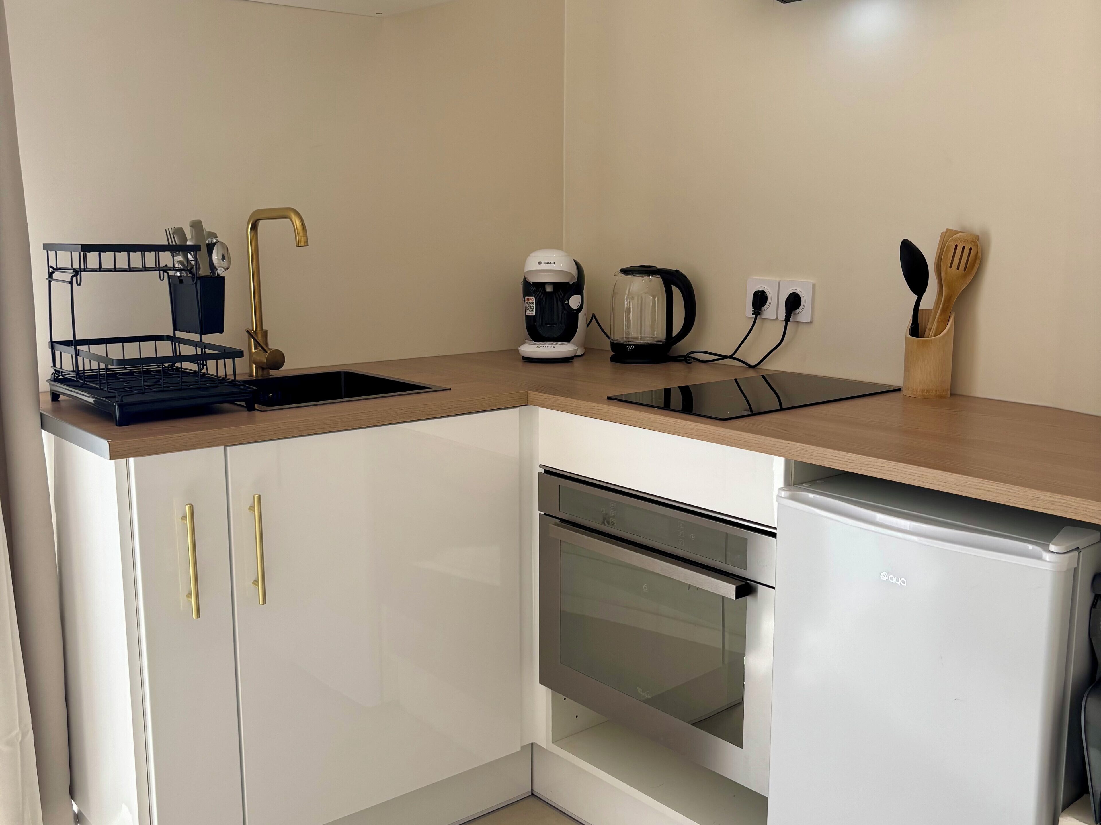 Fridge, microwave, oven, coffee/tea maker