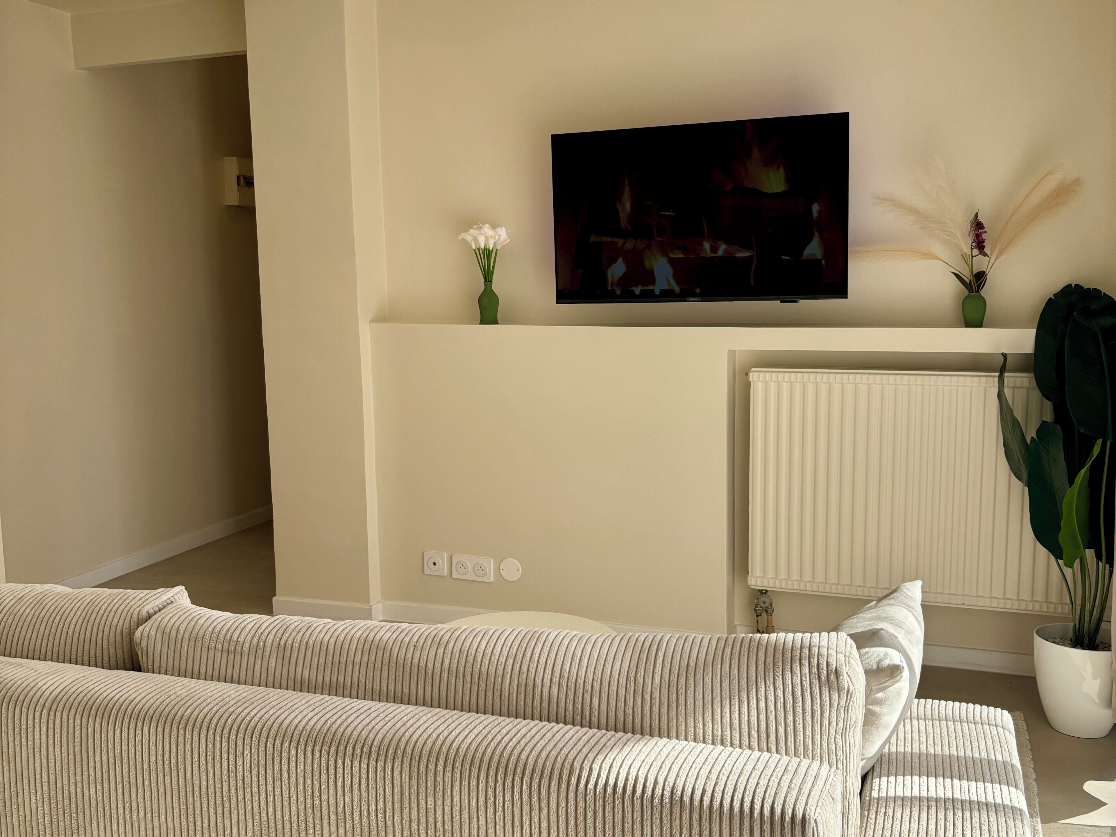 Ein Wohnzimmer mit einer Couch, einem an der Wand montierten Flachbildfernseher, einer Heizung und einem Blumentopf.