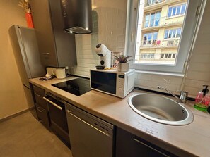 Frigorífico, microondas, horno y placa de cocina