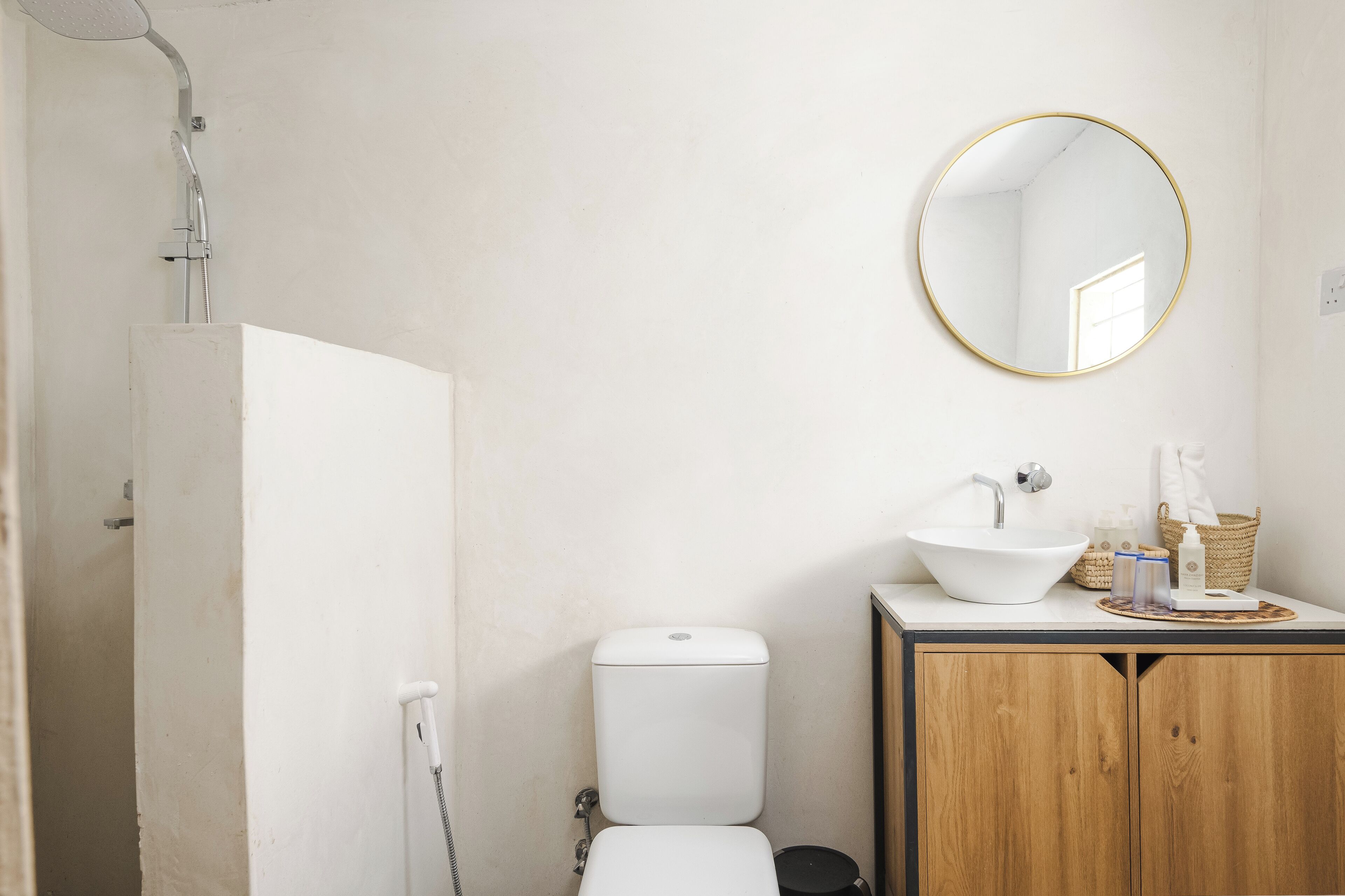 Hair dryer, towels, soap, toilet paper