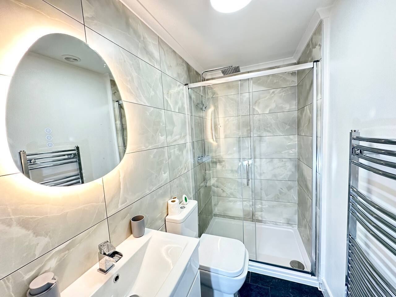 Hair dryer, towels, toilet paper