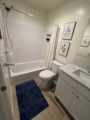Hair dryer, towels, soap, shampoo