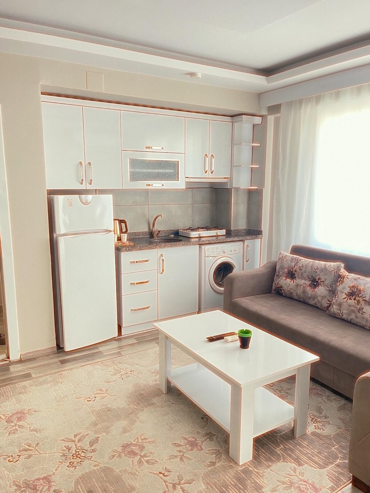 Un espacio habitable compacto con kitchenette, un sofá y una mesa de centro.