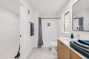 Hair dryer, towels, soap, shampoo