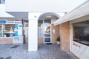 An outdoor area with a building entrance, a trash bin, and a potted plant.
