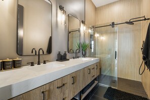 Shower, hair dryer, bidet, towels