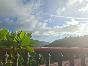 En balkon med udsigt over et bjergrigt landskab, en potteplante og en tablet på gelænderet.