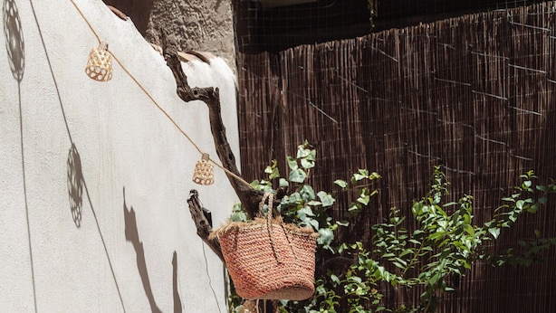 A sunlit outdoor seating area with a sofa and chairs, a hanging basket, and a bamboo fence.