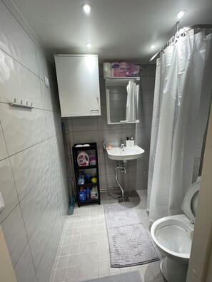 Shower, towels, soap, toilet paper