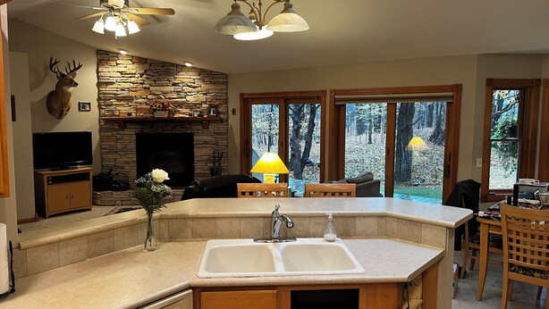 Una cocina moderna con chimenea de piedra, un comedor con vistas al bosque y una isla grande con pileta.