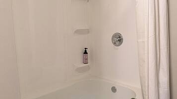 Hair dryer, towels, soap, shampoo
