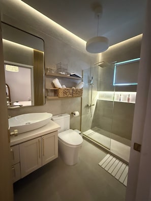 Shower, hair dryer, towels, soap